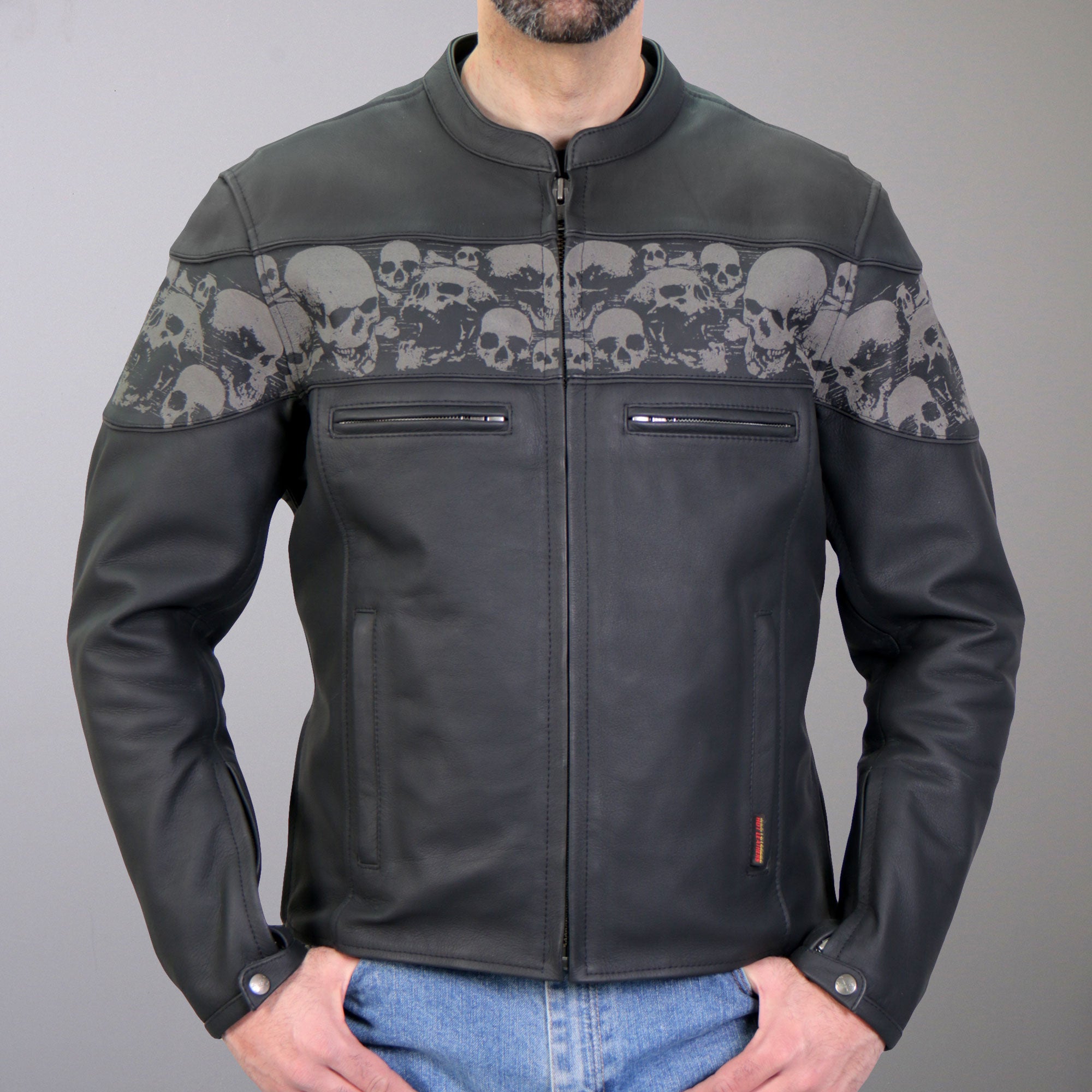 Hot Leathers JKM2002 Men’s Black ‘Reflective Skull' Printed Leather Jacket with Concealed Carry Pockets - Black / 3X-Large