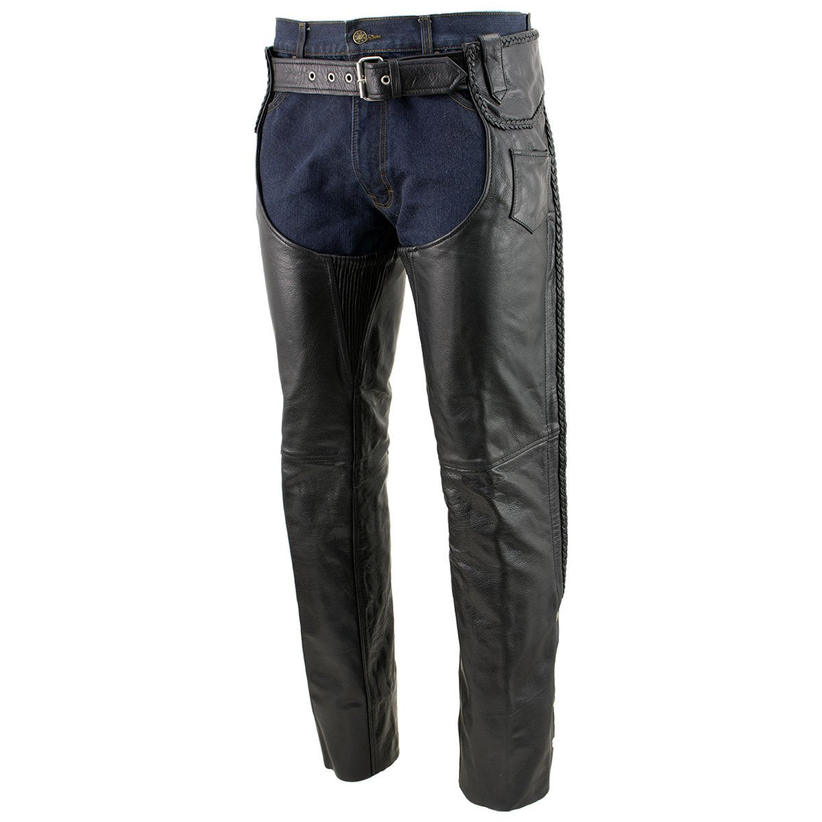 Xelement B7555 Men s Black Classic Braided Elastic Fit Leather Chaps