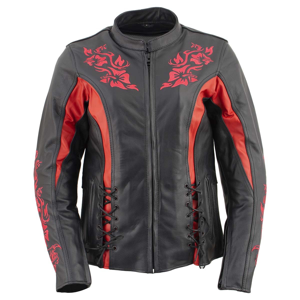 Xelement XS2029 Women s Gemma Black and Red Leather Embroidered Jacket with X Armor Large Black