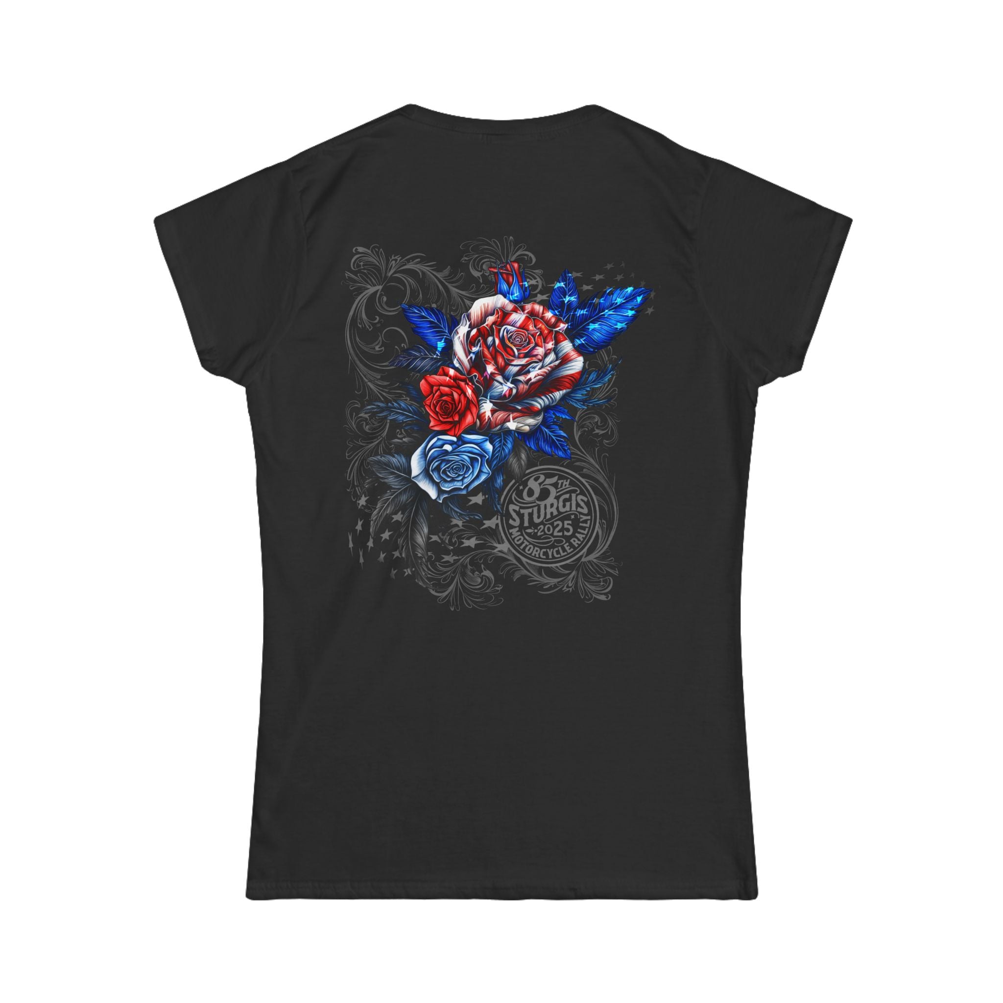2025 Sturgis Motorcycle Rally Patriotic Roses Ladies Black T-Shirt