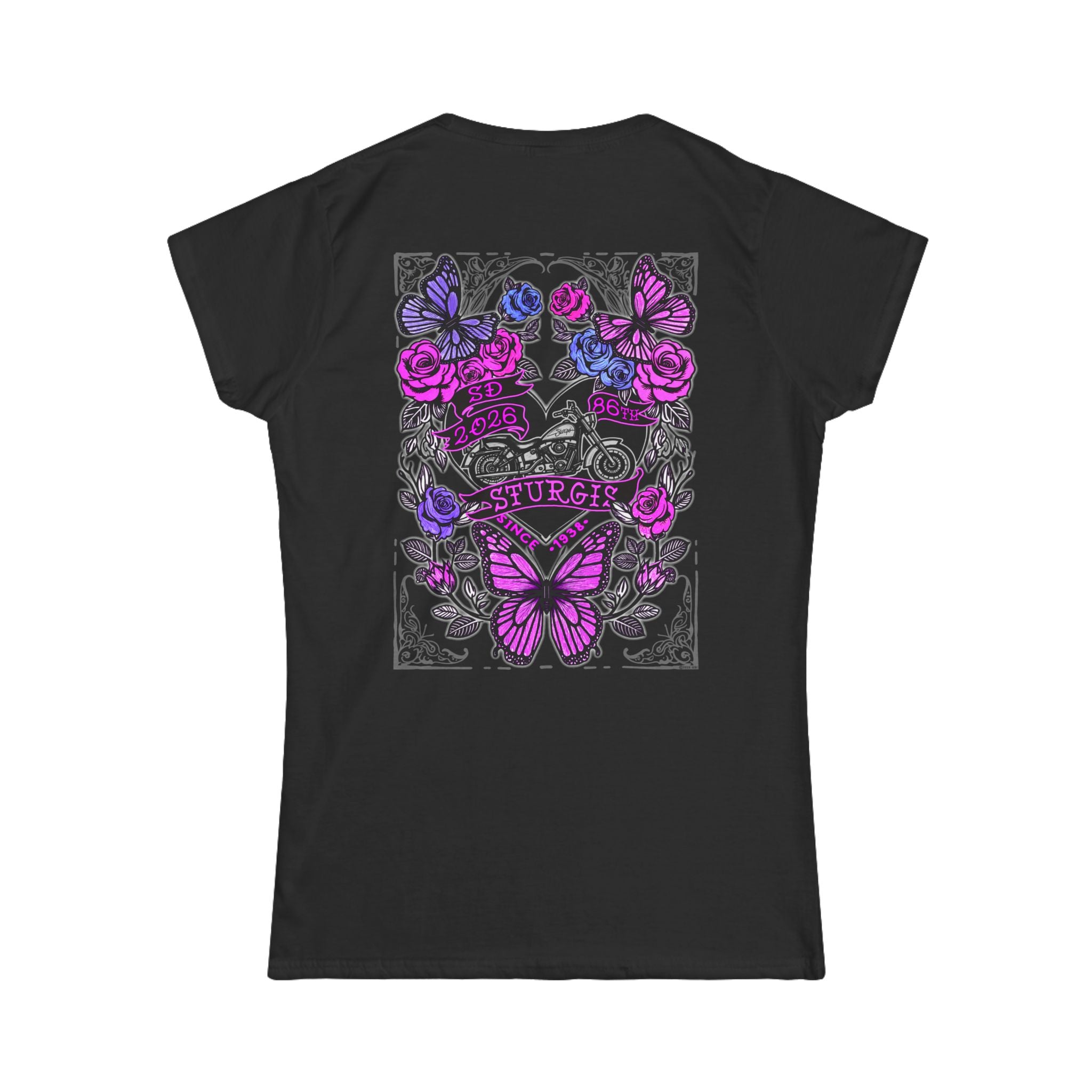 2026 Sturgis Motorcycle Rally Butterfly Roses Ladies Black T-Shirt