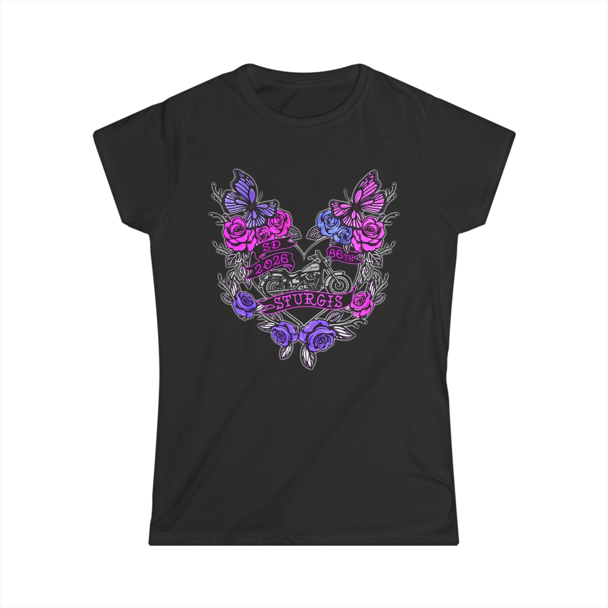 2026 Sturgis Motorcycle Rally Butterfly Roses Ladies Black T-Shirt