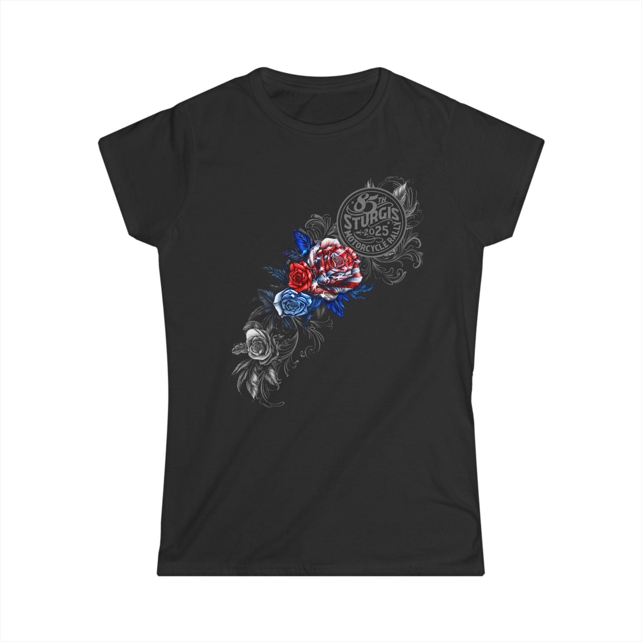 2025 Sturgis Motorcycle Rally Patriotic Roses Ladies Black T-Shirt