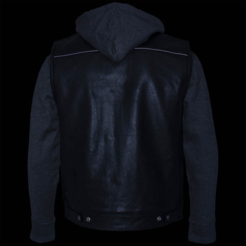 Milwaukee Leather LKM3785 Men's 2 in 1 Classic Black Premium Leather Motorcycle Hoodie Jacket w/ Convertible Vest