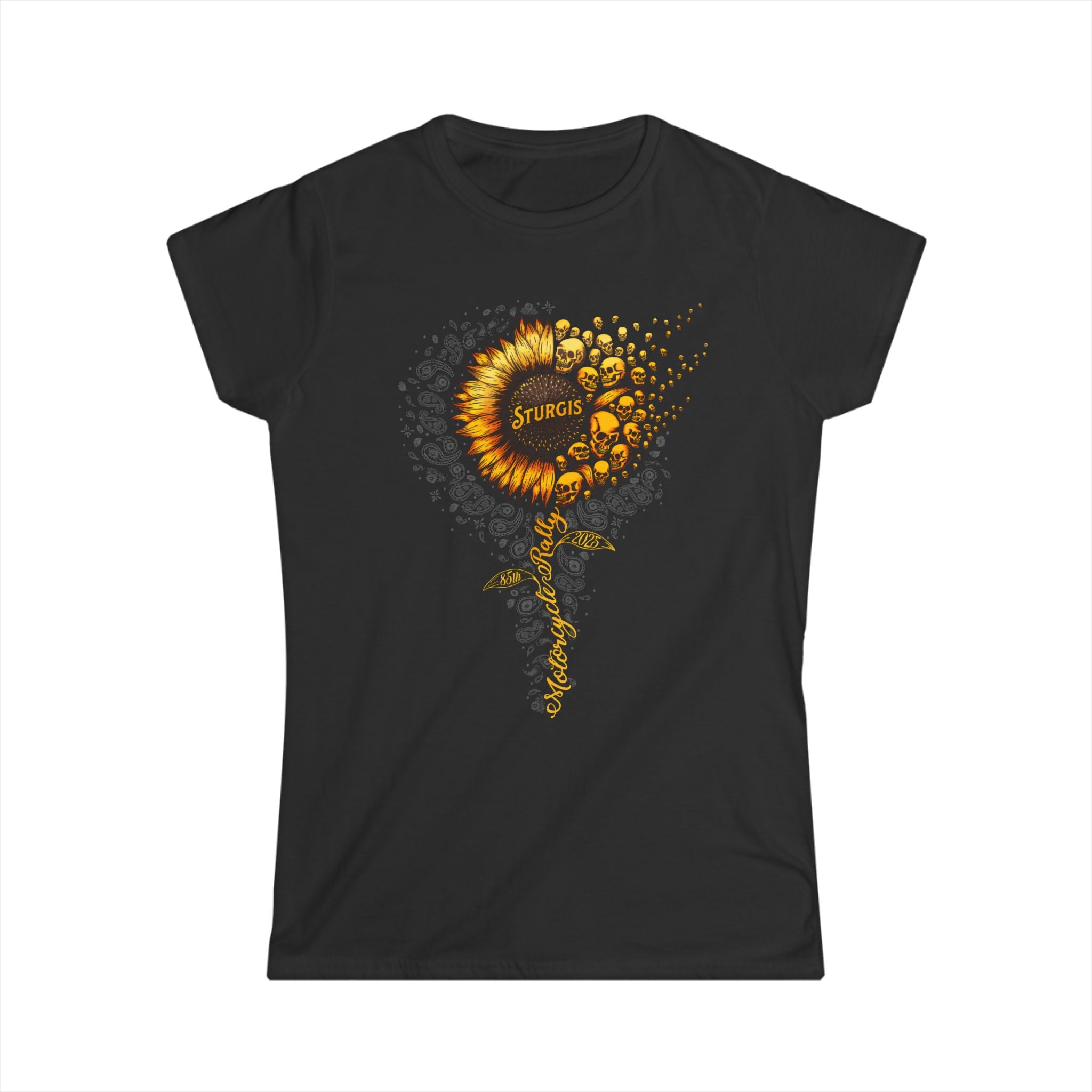 2025 Sturgis Motorcycle Rally Sunflower Skulls Ladies Black T-Shirt