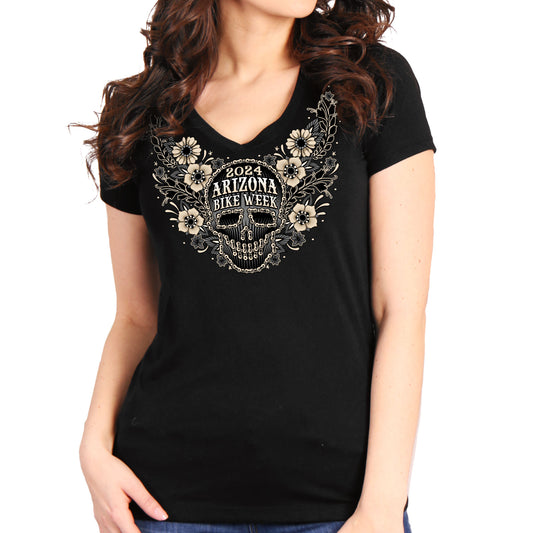 2024 Arizona Bike Week Sugar Skull Chain Ladies T-Shirt AZL1454