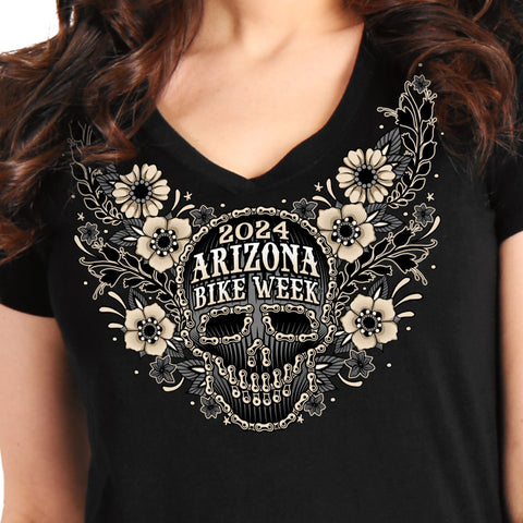 2024 Arizona Bike Week Sugar Skull Chain Ladies T-Shirt AZL1454