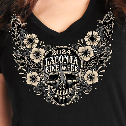 2024 Laconia Bike Week Chain Sugar Deep V Black T-shirt  ELL1085