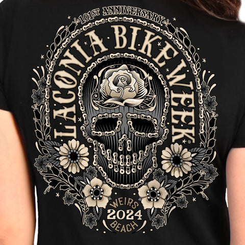 2024 Laconia Bike Week Chain Sugar Deep V Black T-shirt  ELL1085