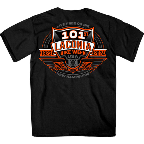 2024 Laconia Bike Week 101 Rally Logo Black T-shirt ELM1061