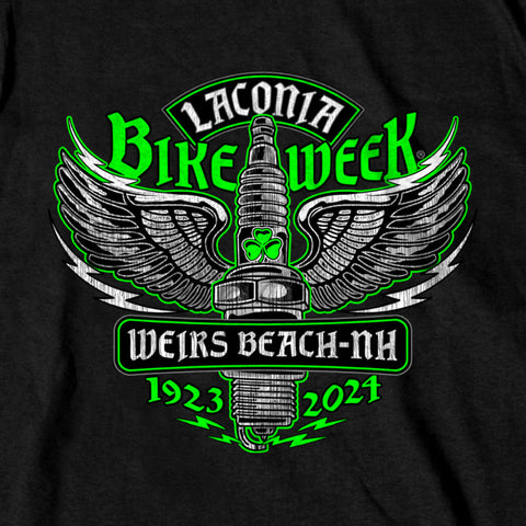 2024 Laconia Bike Week Spark Plug Classic Black T-shirt ELM1063