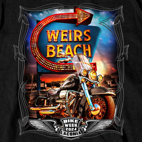 2024 Laconia Bike Week Weirs Beach Sign Black T-shirt ELM1065