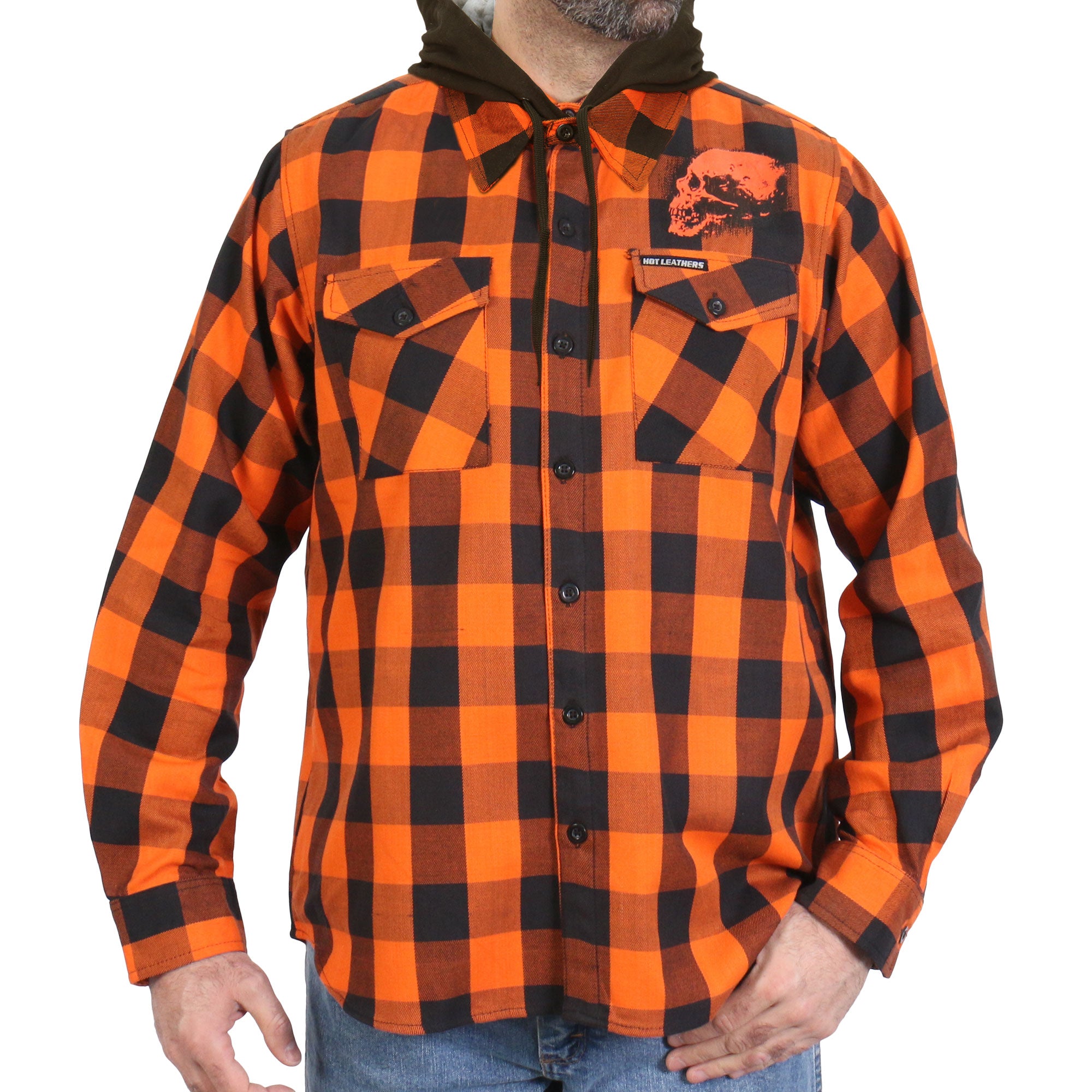 Hot Leathers Ancient Skull LS Orange and Black Flannel with Detachable Hood FLM2301