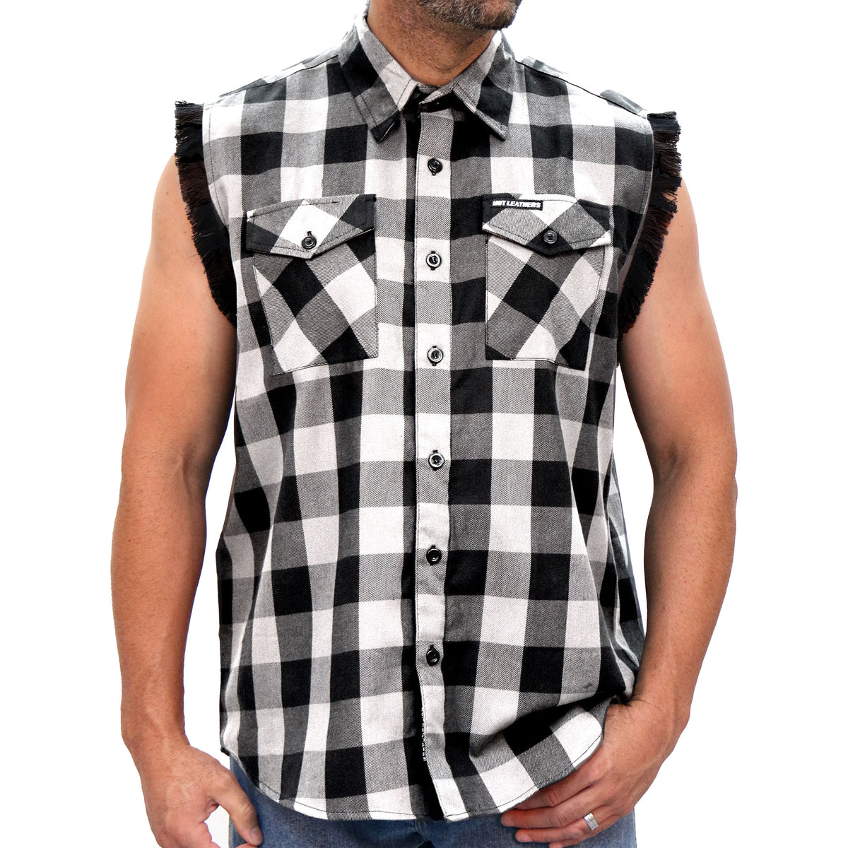 Hot Leathers Black and White Sleeveless Flannel Fringe Shirt FLM5202