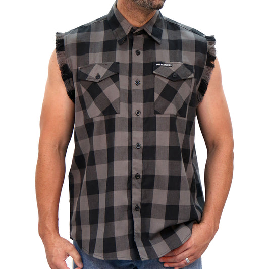 Hot Leathers No Sleeve Fringe Grey and Black Flannel FLM5203