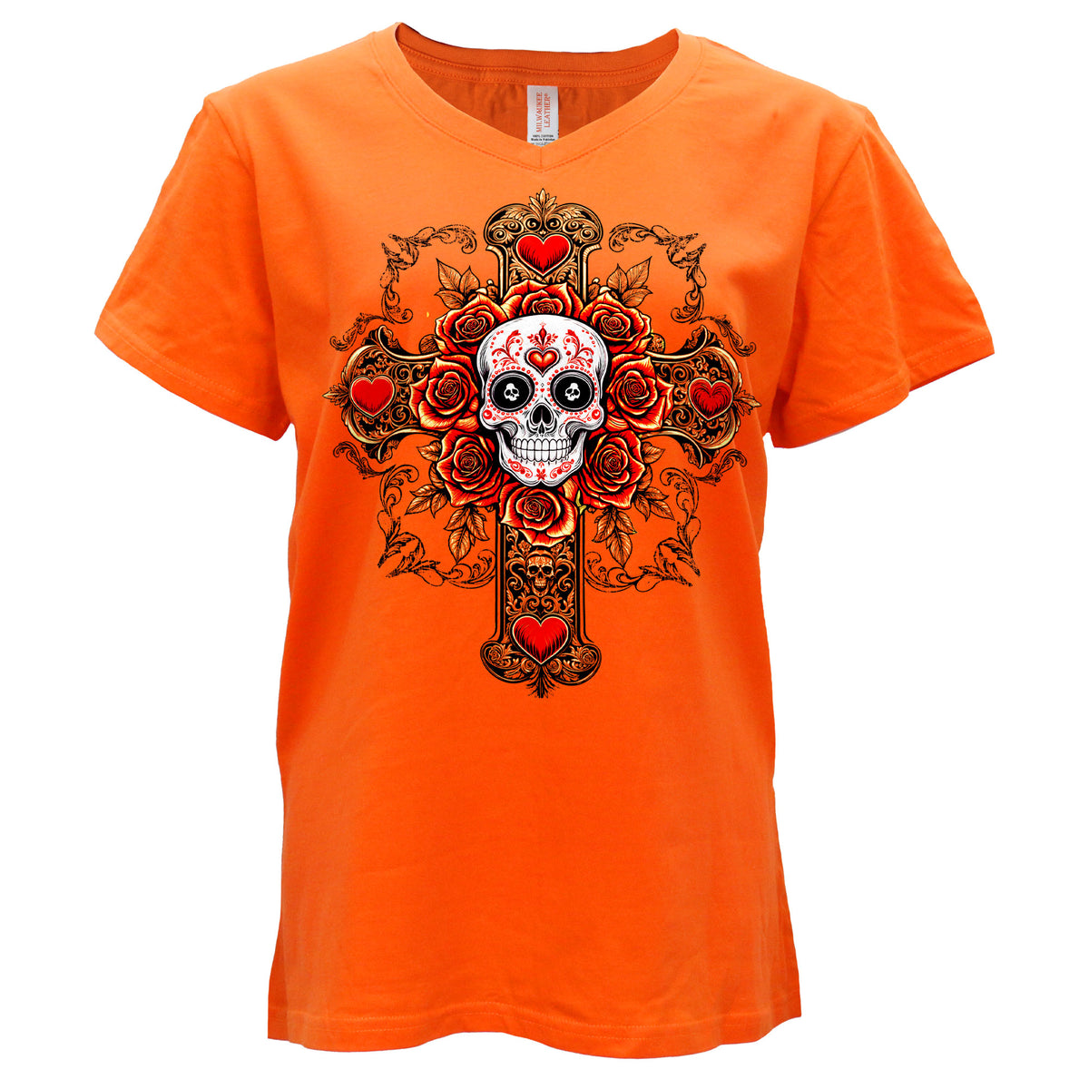 Hot Leathers Cross Skull SS Orange V Neck T-shirt GLC1608