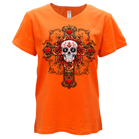 Hot Leathers Cross Skull SS Orange V Neck T-shirt GLC1608