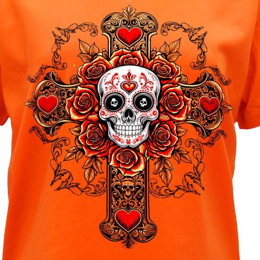 Hot Leathers Cross Skull SS Orange V Neck T-shirt GLC1608