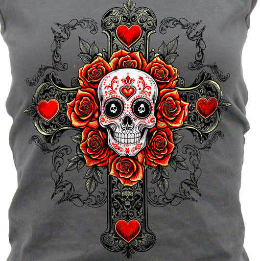 Hot Leathers Cross Skull Womens Grey Tank Top GLC2596