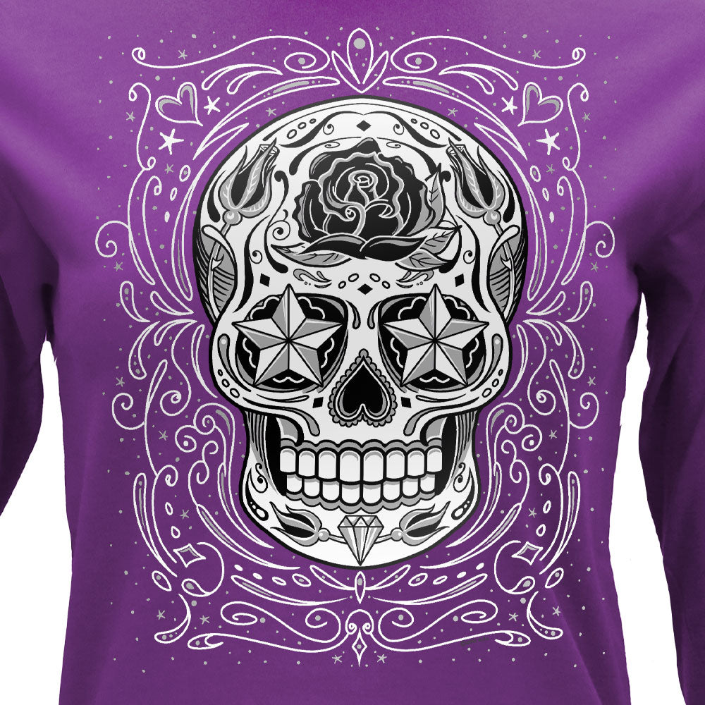 Hot Leathers Sugar Skull  Womens Purple Long Sleeve Shirt GLC3558