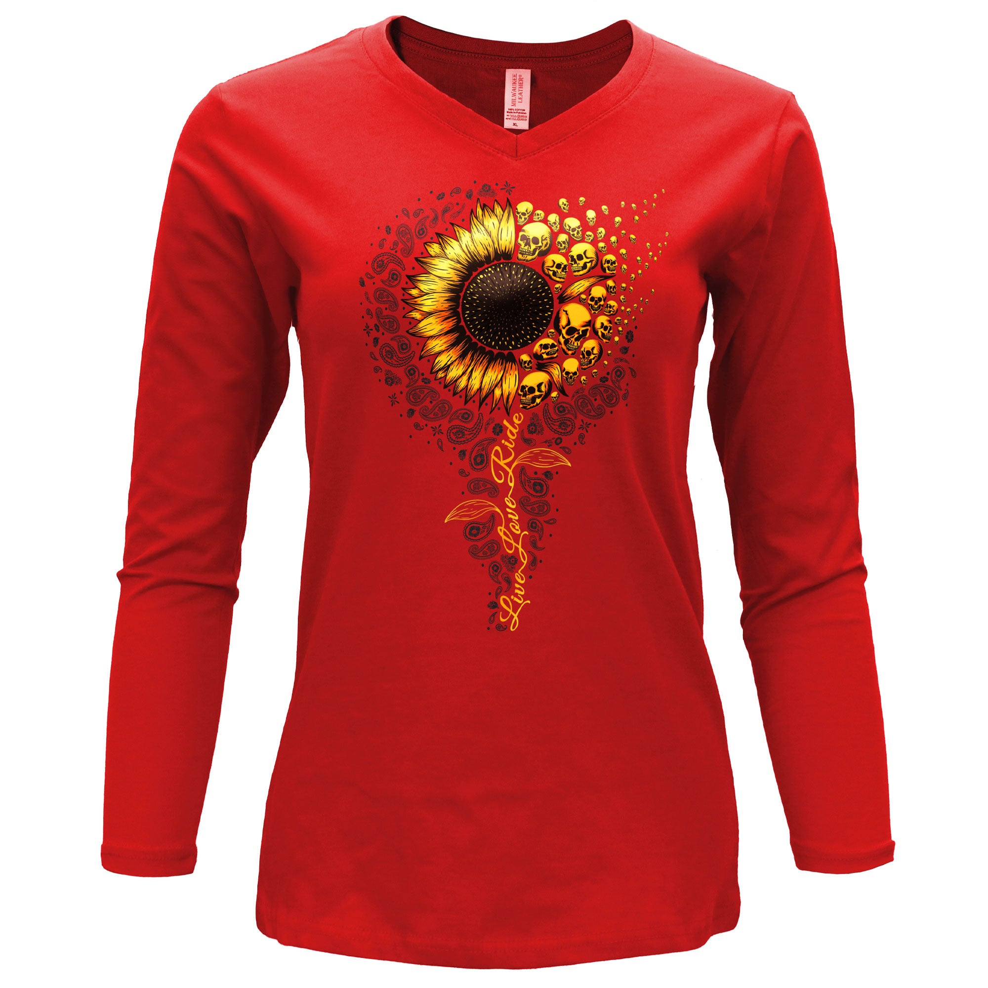 Hot Leathers Sunflower Skulls  Womens Red Long Sleeve Shirt GLC3559