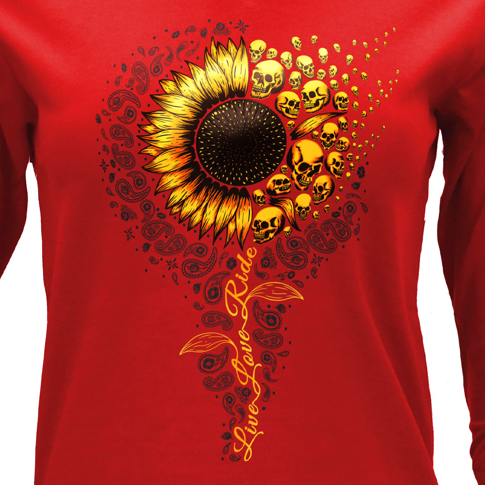 Hot Leathers Sunflower Skulls  Womens Red Long Sleeve Shirt GLC3559