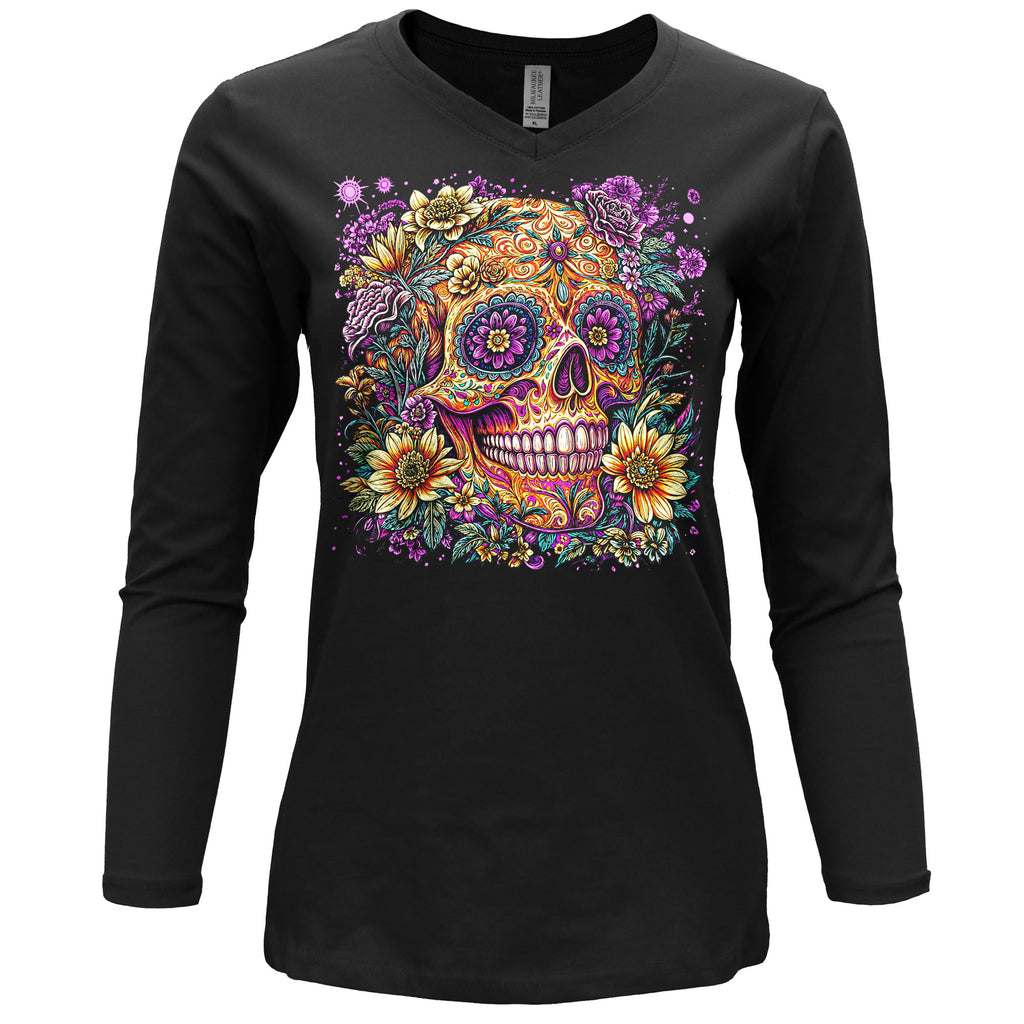Hot Leathers Candy Flower Skull  Womens Black Long Sleeve Shirt GLC3560