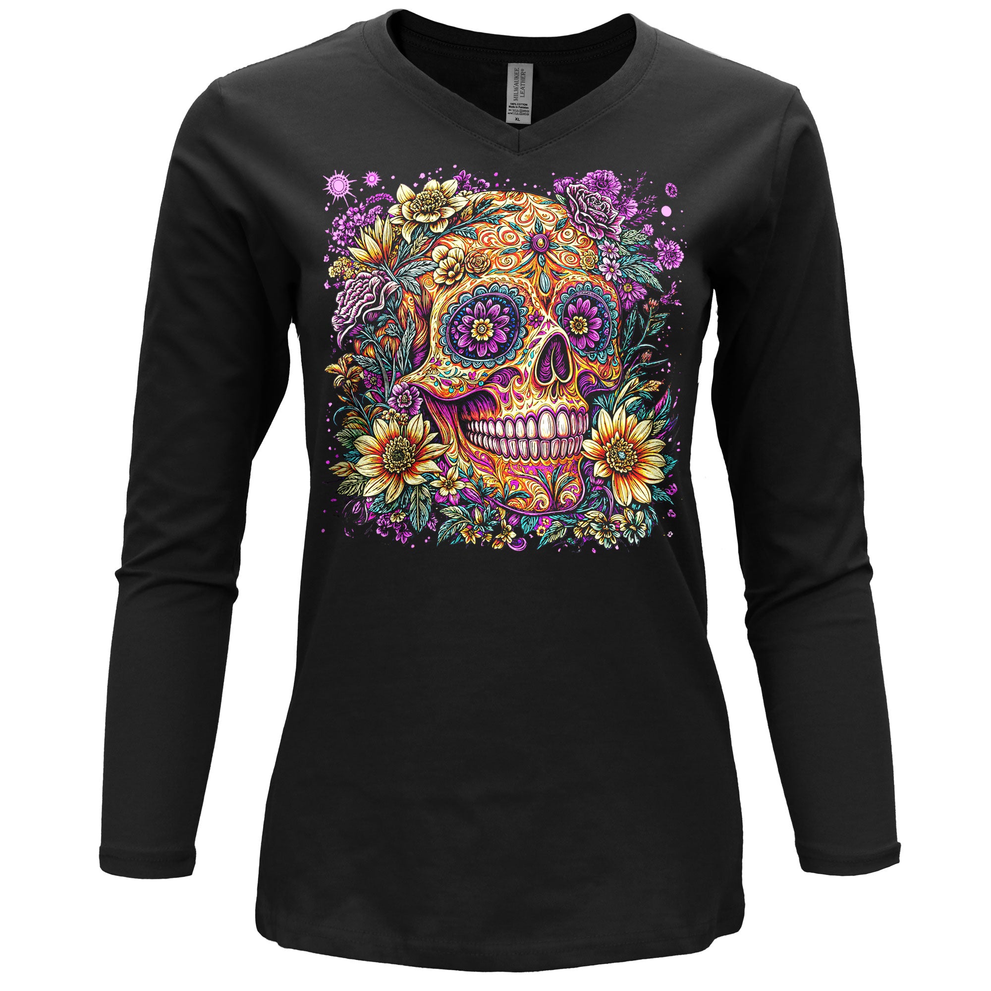 Hot Leathers Candy Flower Skull  Womens Black Long Sleeve Shirt GLC3560
