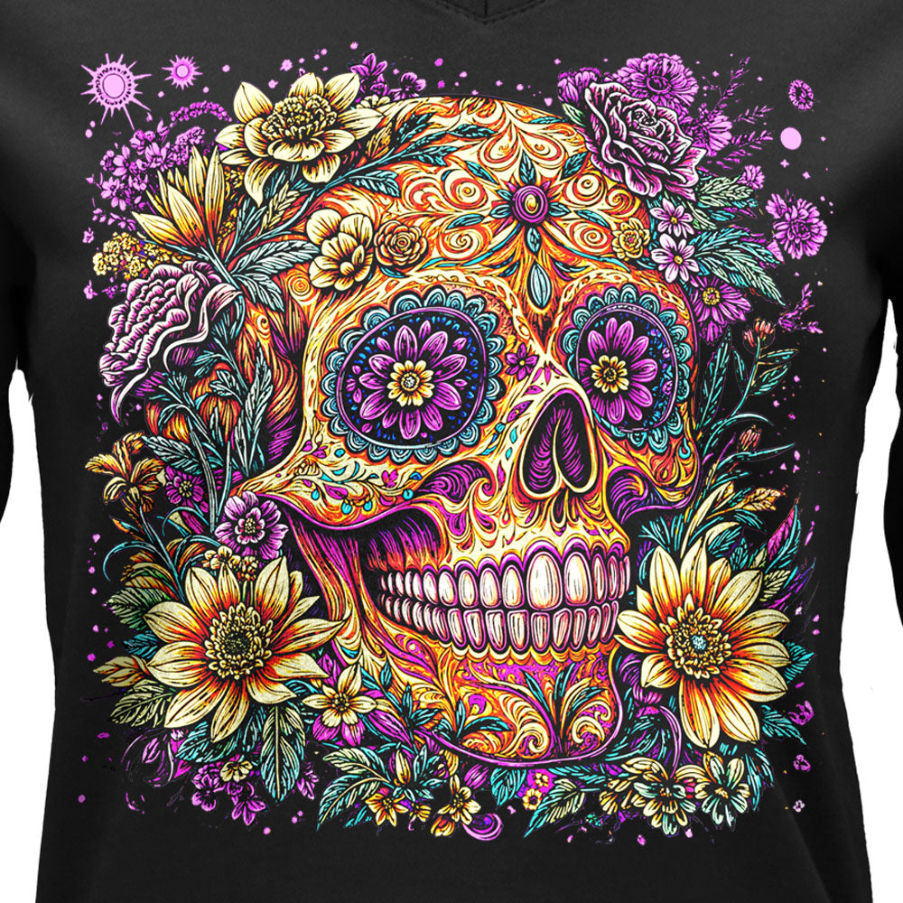 Hot Leathers Candy Flower Skull  Womens Black Long Sleeve Shirt GLC3560