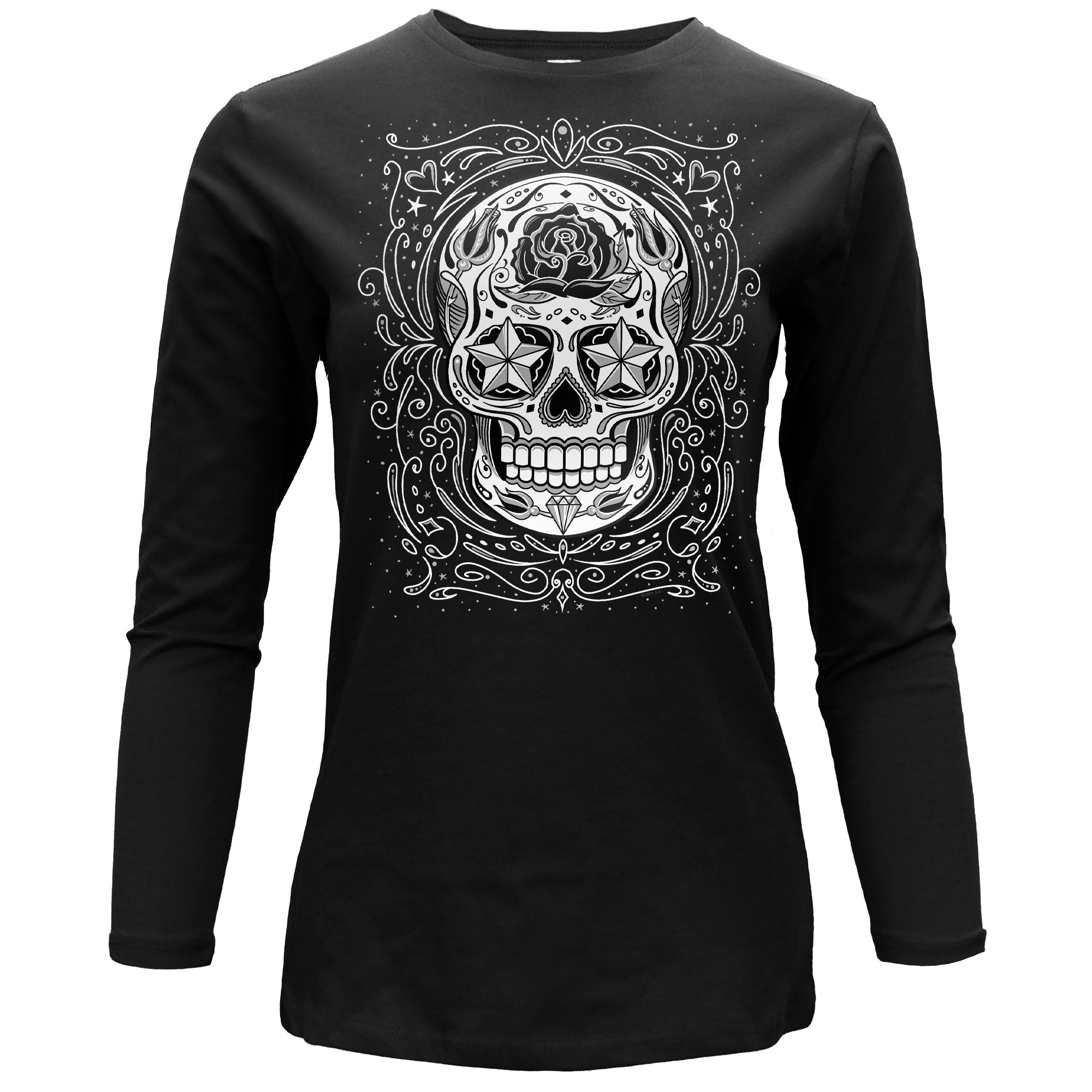 Hot Leathers Sugar Skull  Womens Black Long Sleeve Scoop Neck Shirt GLC3561