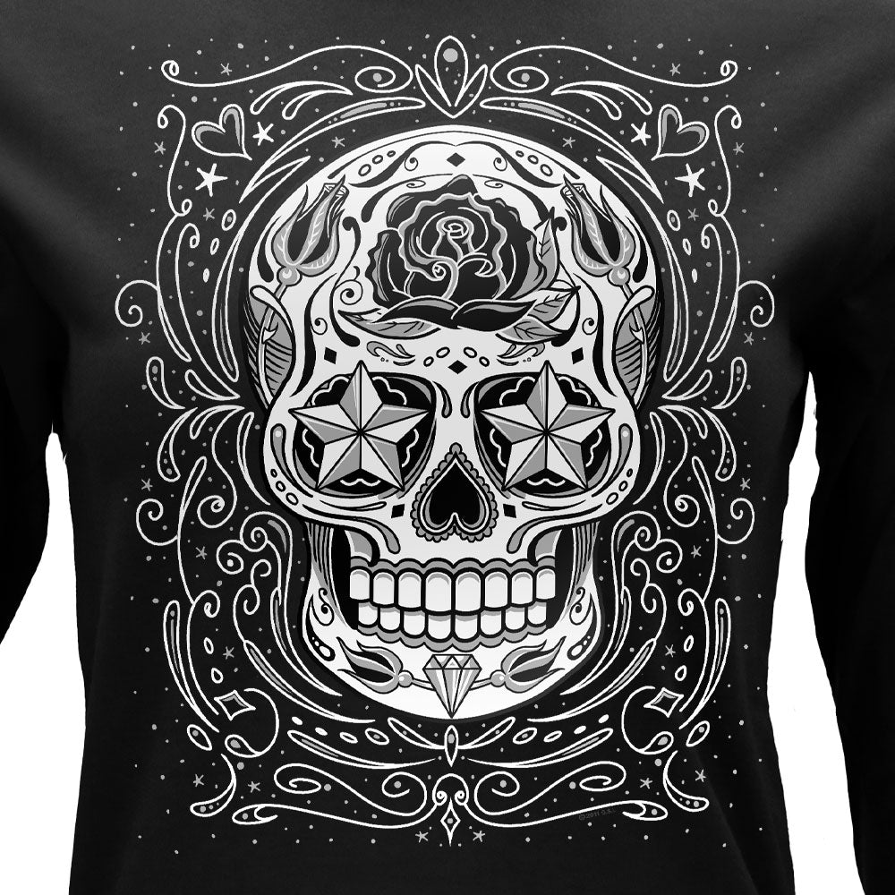 Hot Leathers Sugar Skull  Womens Black Long Sleeve Scoop Neck Shirt GLC3561