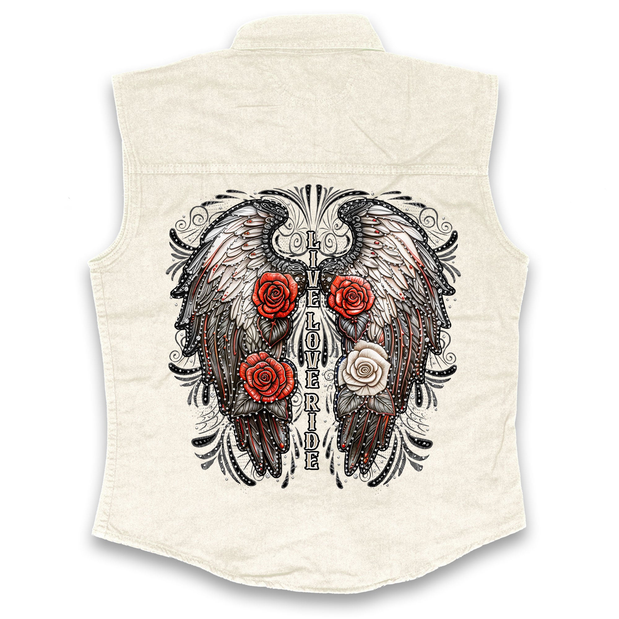 Hot Leathers Live Love Ride Wings Ladies White Denim Shirt GLC5001