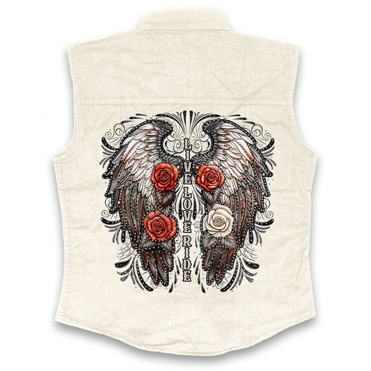Hot Leathers Live Love Ride Wings Ladies White Denim Shirt GLC5001