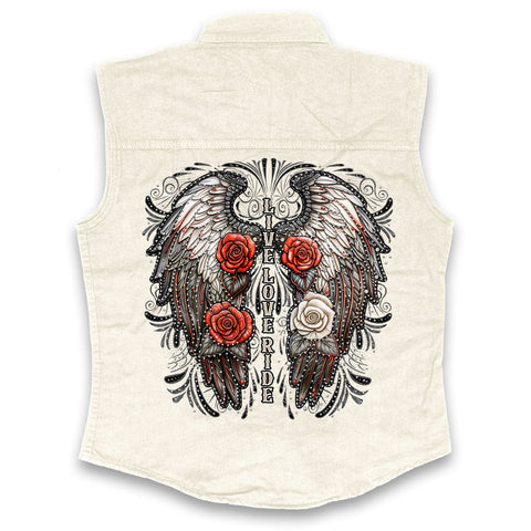 Hot Leathers Live Love Ride Wings Ladies White Denim Shirt GLC5001