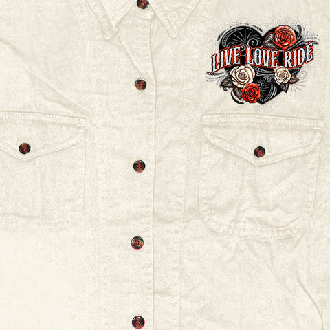 Hot Leathers Live Love Ride Wings Ladies White Denim Shirt GLC5001
