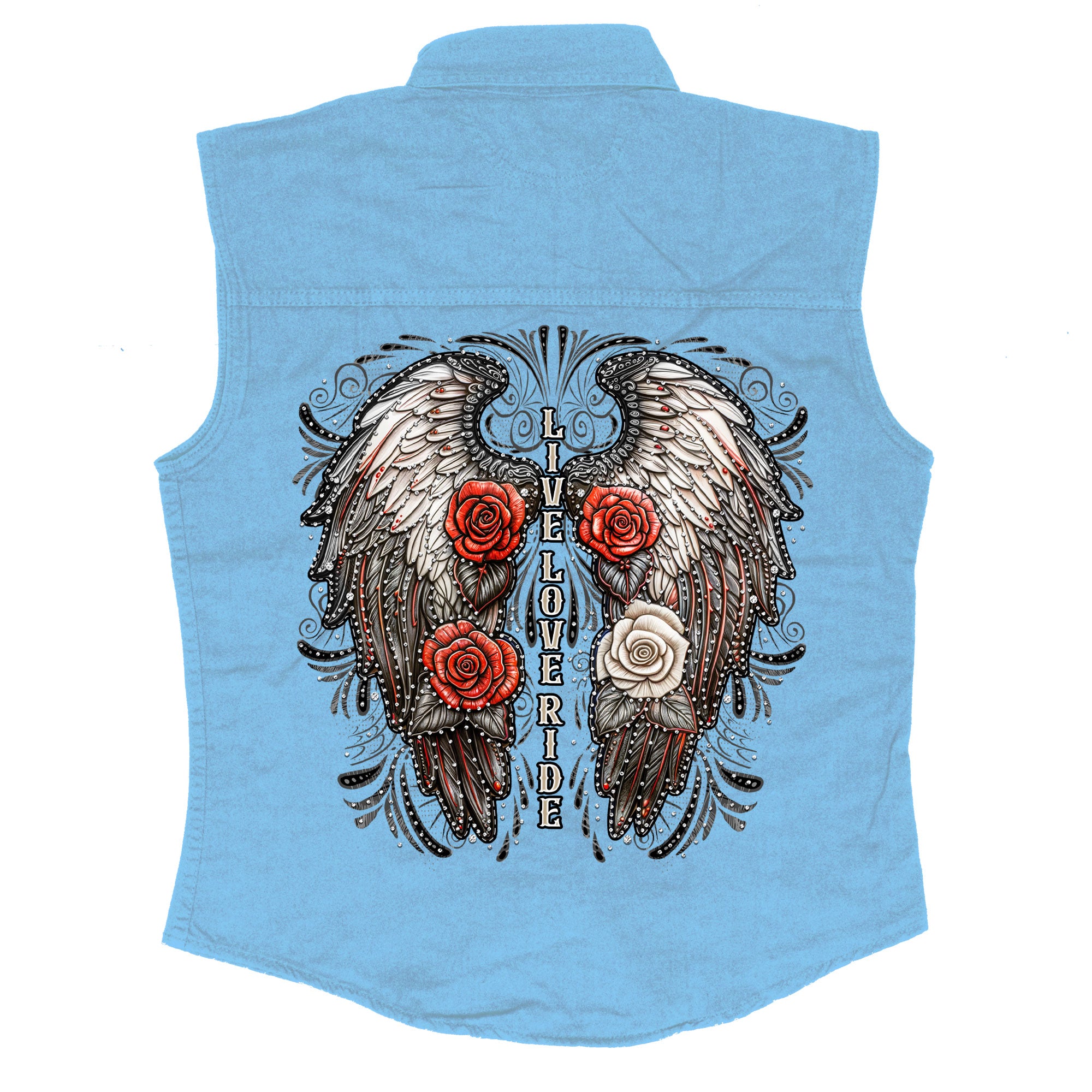 Hot Leathers Live Love Ride Womens Light Blue Denim Sleeveless Shirt GLC5004