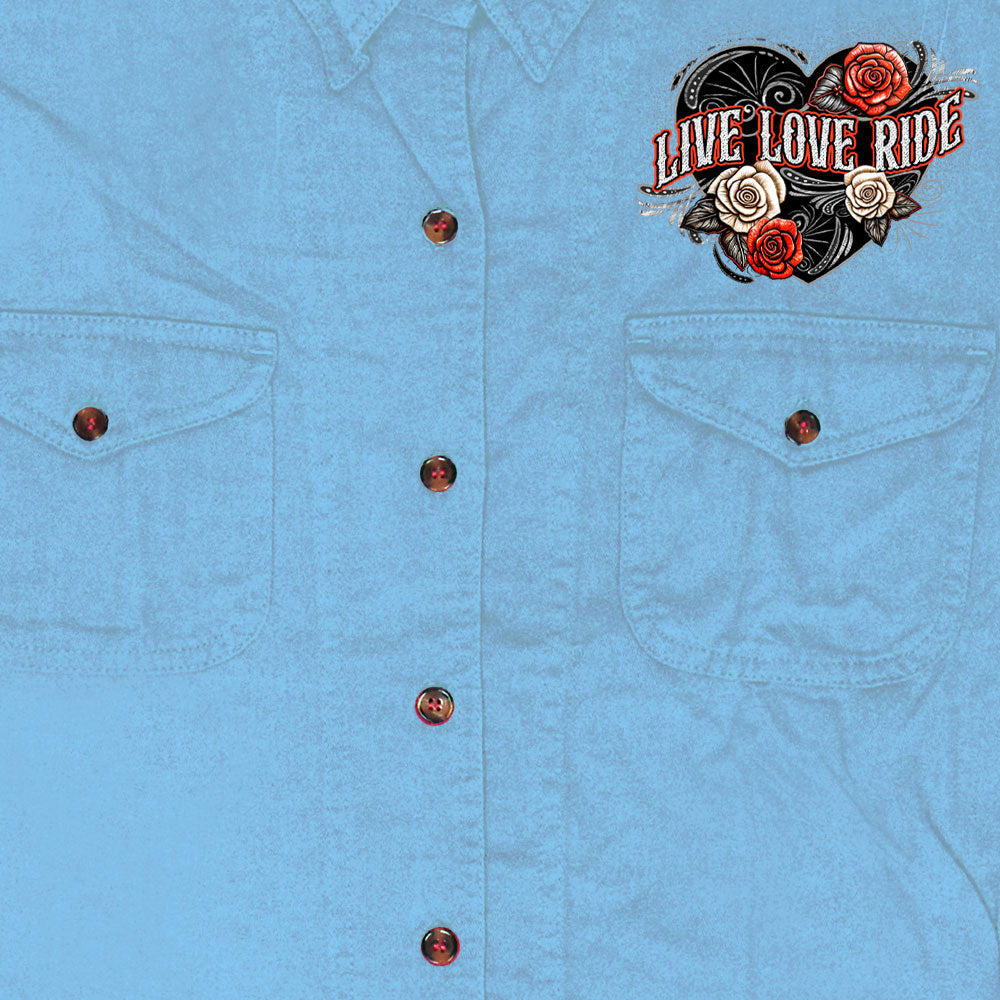 Hot Leathers Live Love Ride Womens Light Blue Denim Sleeveless Shirt GLC5004