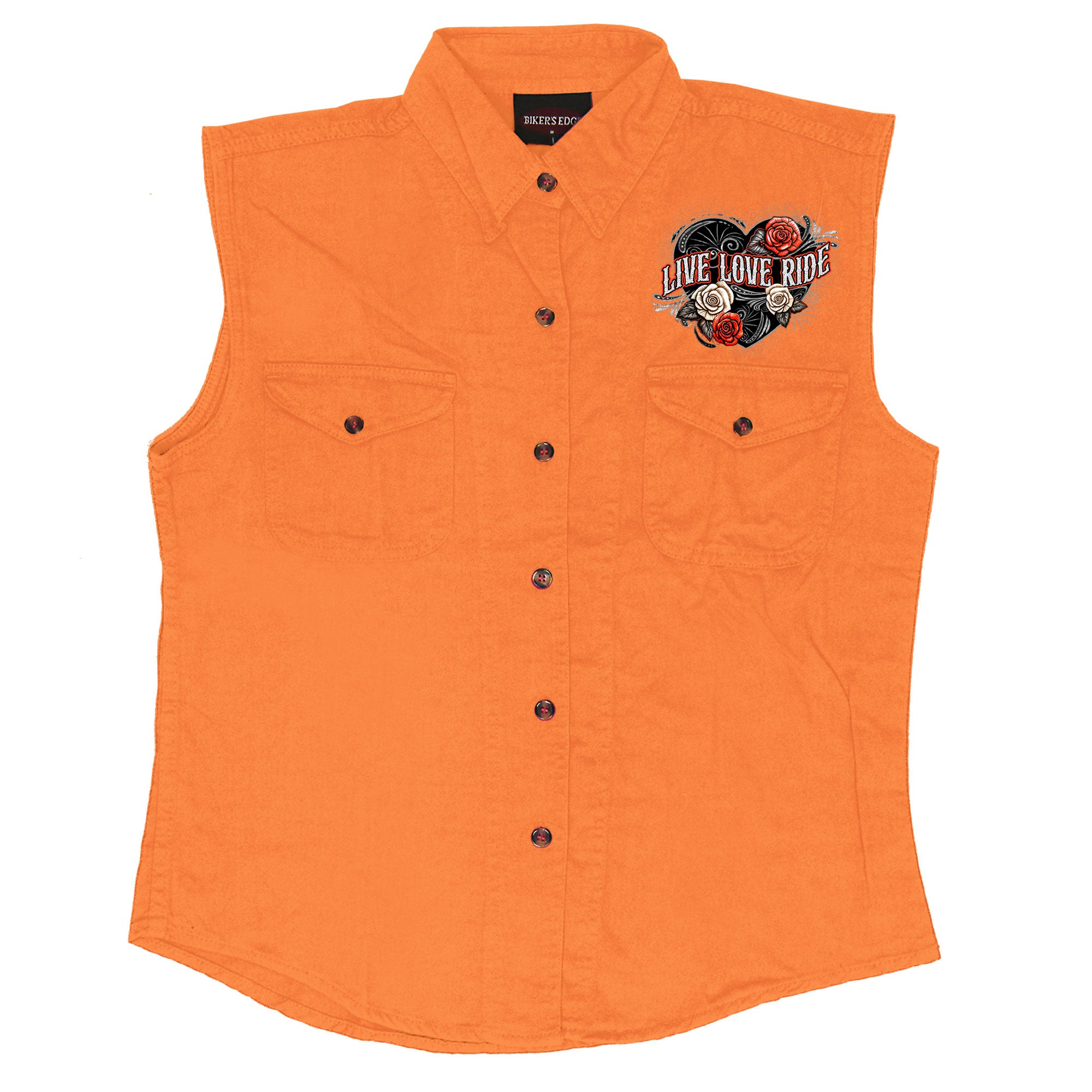 Hot Leathers Live Love Ride Womens Orange Denim Sleeveless Shirt GLC5005