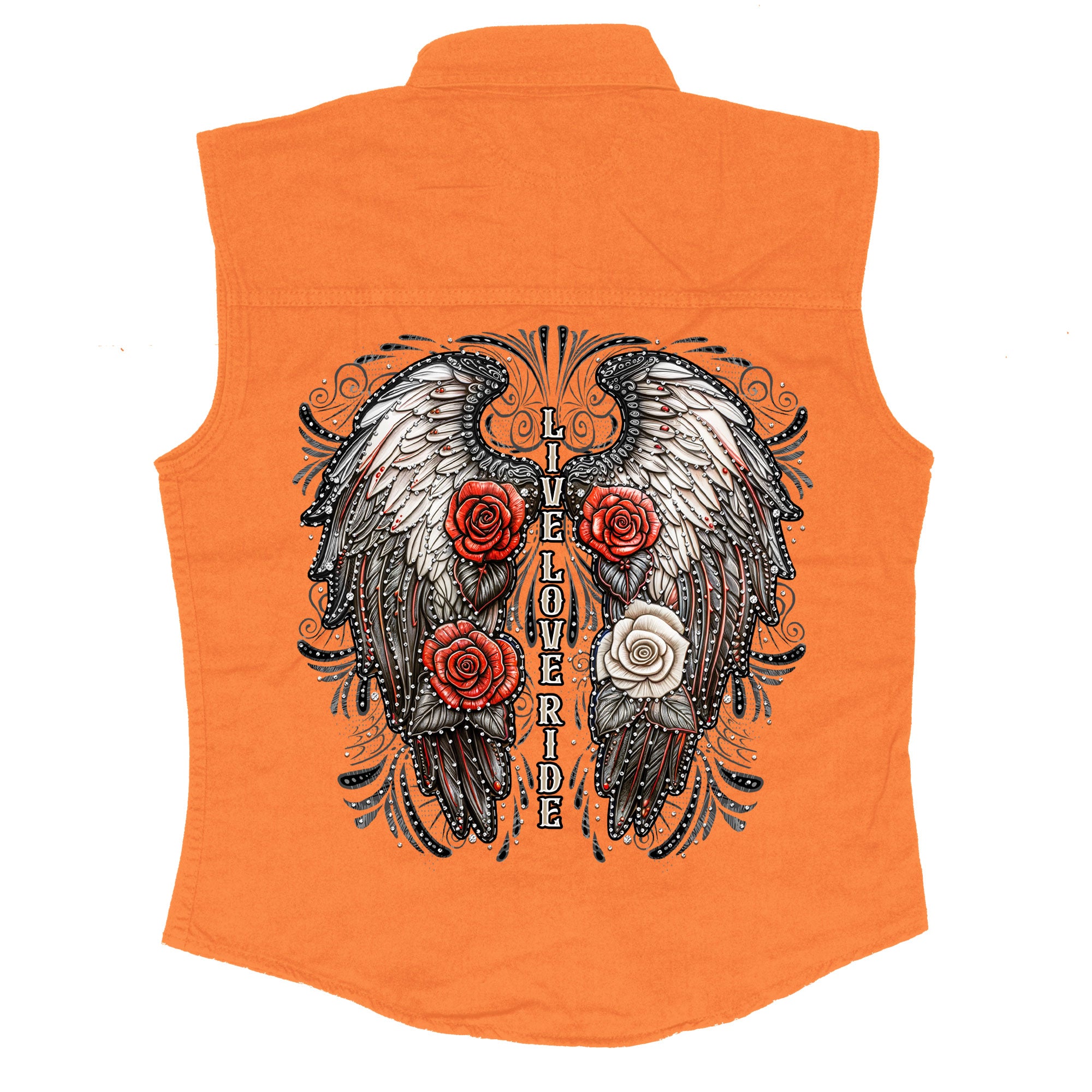 Hot Leathers Live Love Ride Womens Orange Denim Sleeveless Shirt GLC5005