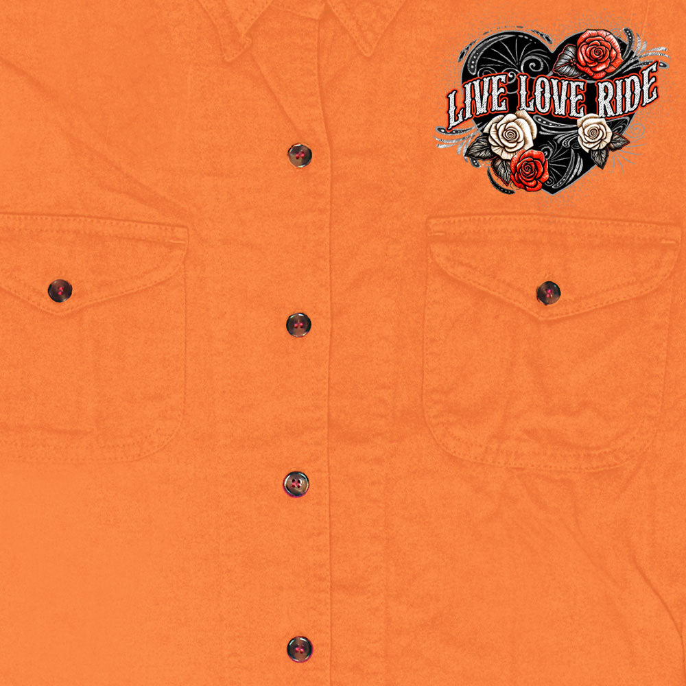 Hot Leathers Live Love Ride Womens Orange Denim Sleeveless Shirt GLC5005