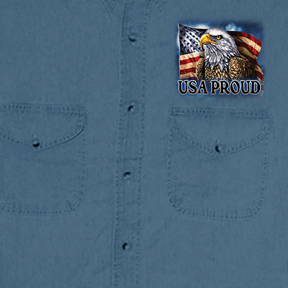 Hot Leathers Land of The Free USA Proud Eagle Mens Light Blue Denim Shirt GMD5474