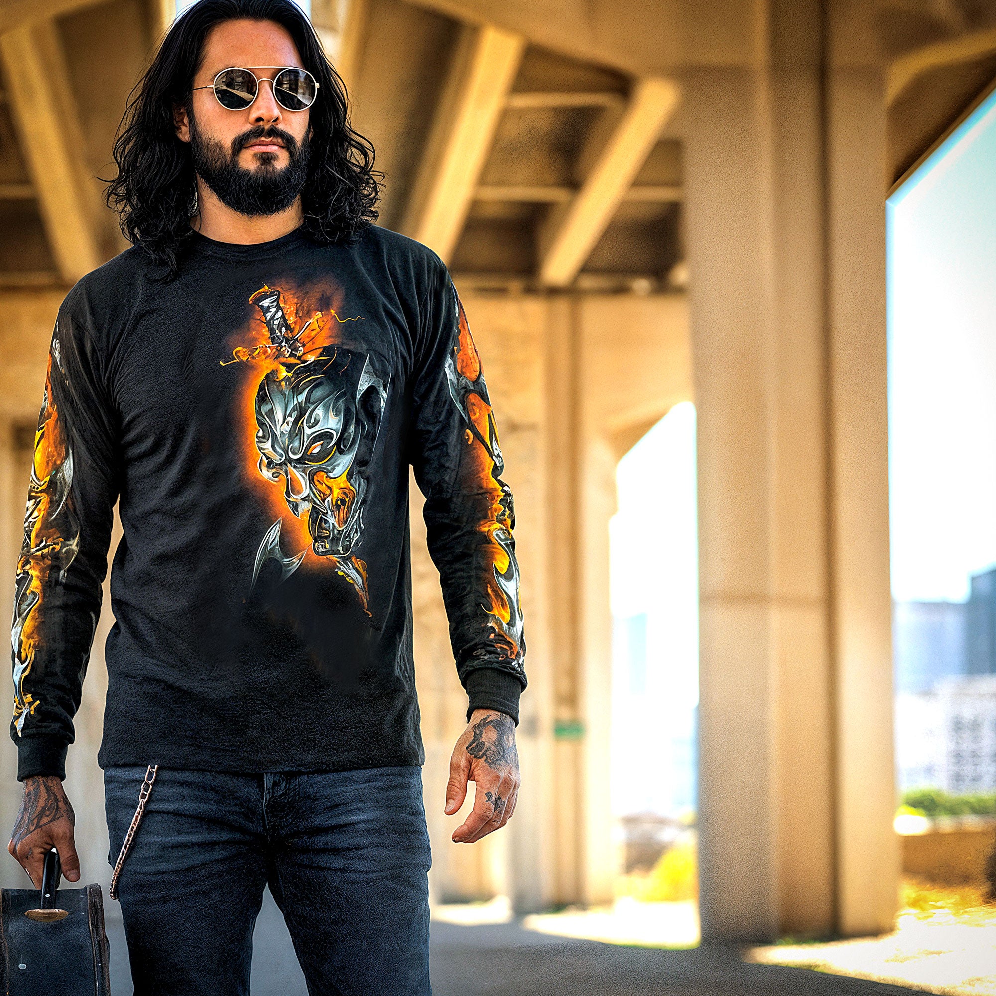 Hot Leathers GMS2068 Men’s ‘Electric Skull’ Long Sleeve Black T-Shirt