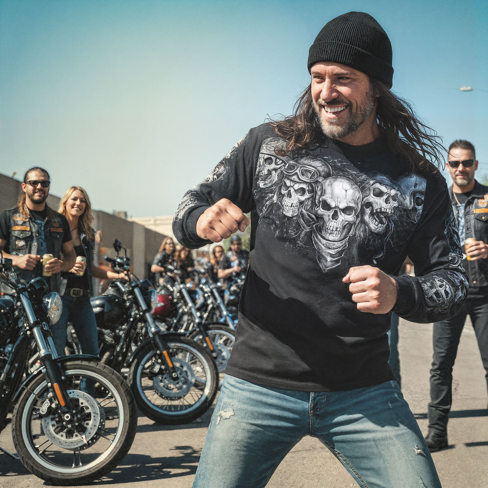 Hot Leathers GMS2423 Men’s ‘Five Skulls’ Long Sleeve Black T-Shirt