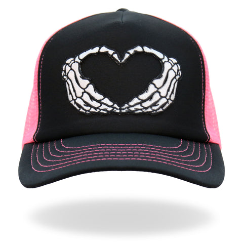 Hot Leathers Skeleton Hand Heart Black and Pink Trucker Hat GSH1054