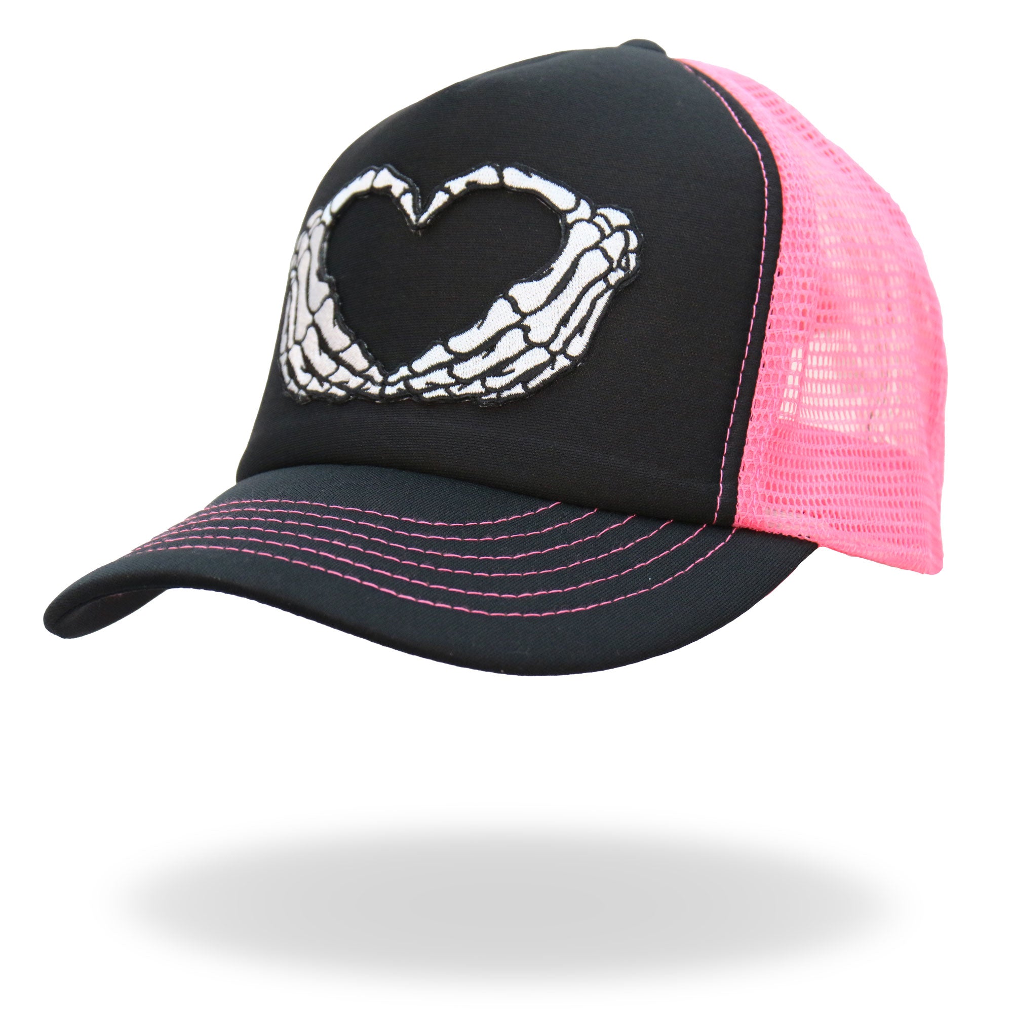 Hot Leathers Skeleton Hand Heart Black and Pink Trucker Hat GSH1054