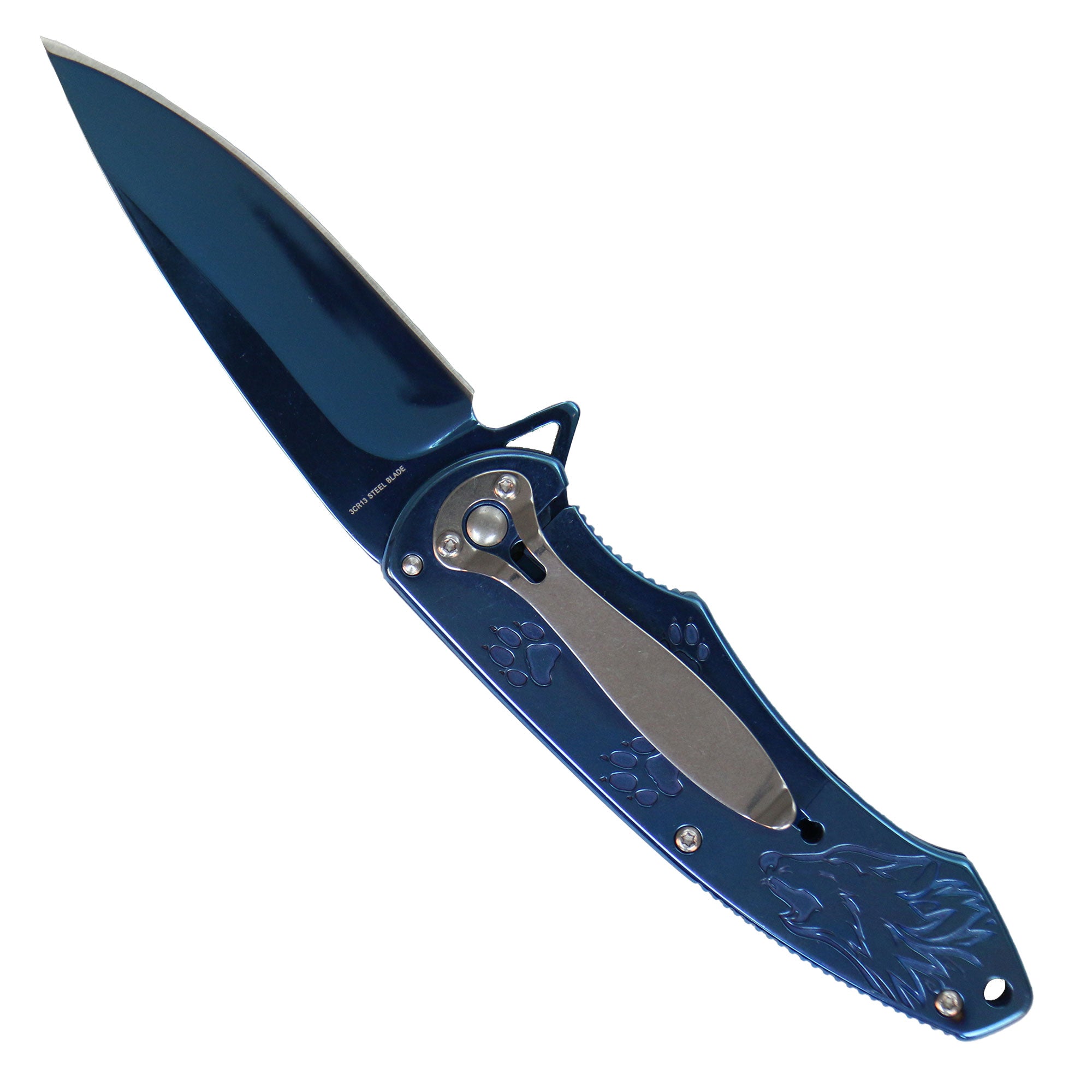 Alpha Wolf Super Sharp Knife Tribal Flame Folding Pocket Blue