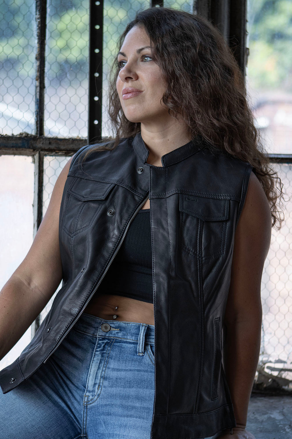 Milwaukee Leather MLL4512 Women’s Lashes Black Leather Club Style Motorcycle Rider Vest w/ Concealed Closure