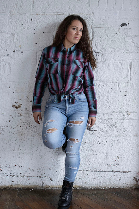 Milwaukee Leather MNG21612 Women's Black and Pink with Blue Long Sleeve Cotton Flannel Shirt