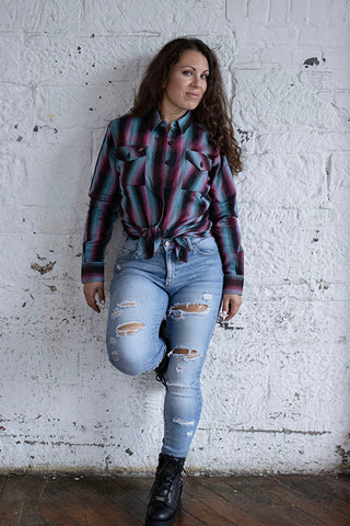 Milwaukee Leather MNG21612 Women's Black and Pink with Blue Long Sleeve Cotton Flannel Shirt