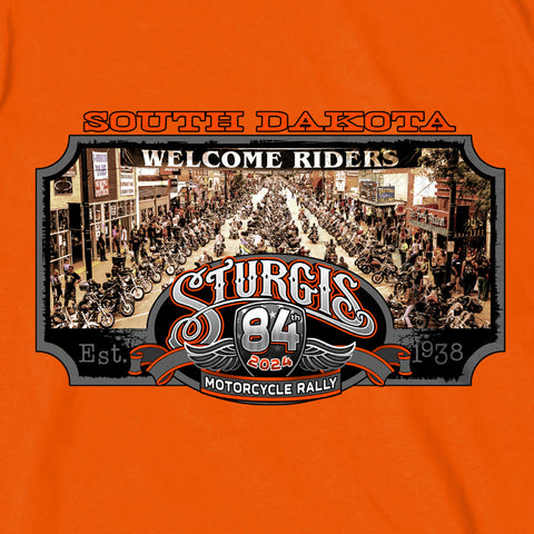 2024 Sturgis Motorcycle Rally Main Street Orange Tee Shirt SPB1118